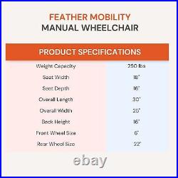 Feather Mobility Lightweight Wheelchair for Adults Foldable for Travel 13.5 lbs